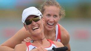 Great Britain"s Helen Glover (R) and Heather Stanning celebrate after winning the women"s pair fina