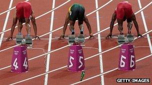 A bottle thrown on to the track just behind the sprinters