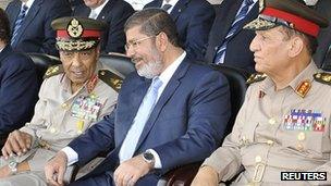 Egyptian President Mohammed Mursi (centre), Field Marshal Mohammed Hussein Tantawi (left) and ex-Chief of Staff Sami Annan. Photo: July 2012