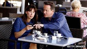 David Cameron and his wife Samantha at a cafe in Majorca, Spain