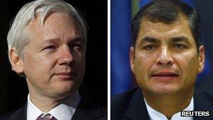 Split screen image of WikiLeaks founder Julian Assange and Ecuadorean President Rafael Correa