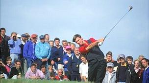 Sir Nick Faldo on the way to winning his third British Open title, at Muirfield in Scotland in 1992