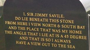 Granite gravestone on Sir Jimmy Savile's grave in Scarborough