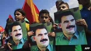Kurdish children in Lebanon hold portraits of jailed PKK leader Abdullah Ocalan
