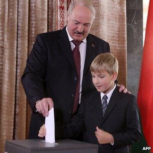 President Lukashenko and son Nikolai at a polling station in Minsk. 23 Sept 2012