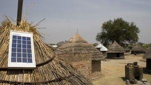 Solar panel on roof of hut in South Sudan