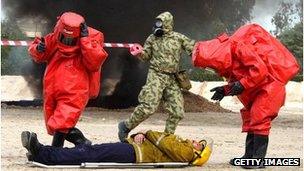 Kuwaiti rescue personnel respond to a mock chemical attack, December 28, 2002