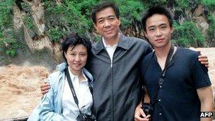 Bo Xilai (C) with convicted wife Gu Kailai and son Bo Guagua - file pic