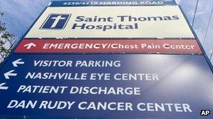 A sign marks an entrance to Saint Thomas Hospital medical campus in Nashville, Tennessee, on 3 October 2012