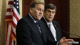 House Intelligence Committee Chairman Mike Rogers and Representative Dutch Ruppersberger hold a news conference 8 October 2012