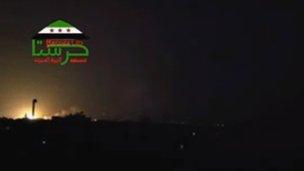 Screengrab of video posted online purportedly showing explosion in Harasta (8 October 2012)