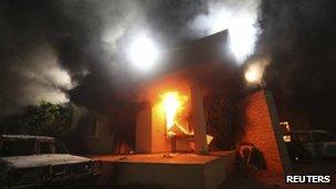 The US consulate in flames in Benghazi, Libya 11 September 2012