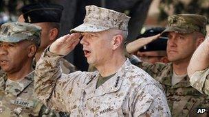 US Marine Gen John Allen (C) the top commander of US and coalition troops in Afghanistan (Sept 2012)