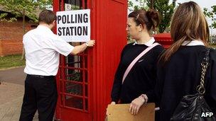 School girls outside polling station