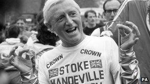 Sir Jimmy Savile after running a marathon in aid of Stoke Mandeville Hospital