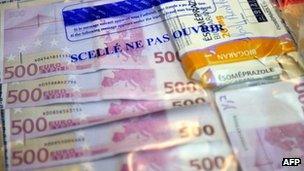 Sealed euro notes found by French police on September 29, 2012 in an operation against Serbian people smugglers.
