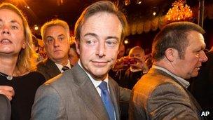 Bart De Wever arrives at the NV-A election party after they won the city elections in Antwerp Oct. 14, 2012.