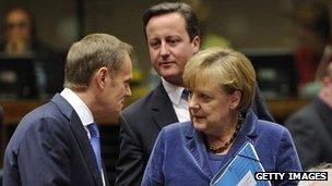 Donald Tusk, David Cameron and Angela Merkel