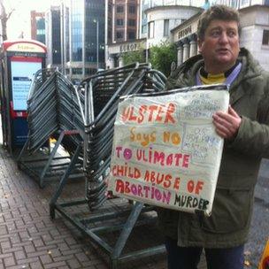 A protester outside the Marie Stopes clinic in Belfast