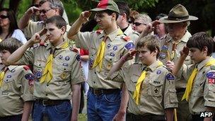 Members of the Boy Scouts of America salute in Hudson, Wisconsin, May 2009