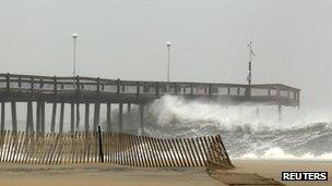 Waves hitting the pier at Ocean City, Maryland