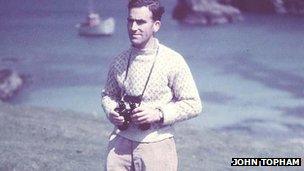 George Waterston on Fair Isle with binoculars