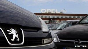 Opel cars lined up outside GM's Bochum plant