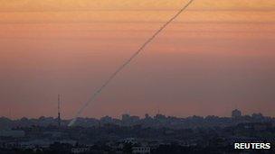 Smoke trail from a rocket launched from the northern Gaza Strip, 15 November 2012
