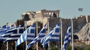 Greek flags at the Acropolis in Athens