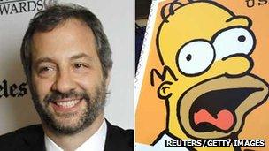 Judd Apatow and an enlarged stamp bearing the face of Homer Simpson