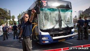 Emergency services at the scene of the bombed bus in Tel Aviv, Israel on 21 Nov 2012
