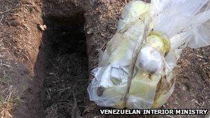 Picture released by the Venezuelan Interior Ministry of a bag of cash found in Apure