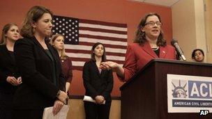 ACLU lawyer Ariela Migdal speaks during a press conference with plaintiffs seeking to overturn a ban on women serving in most combat positions, 27 November 2012