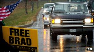 The Bradley Manning Support Group protests outside Fort Meade, Maryland, on 27 November 2012