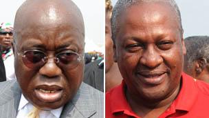 Pictures of Ghanaian President John Mahama (r) of the National Democratic Congress and the presidential candidate of the National Patriotic Party, Nana Akufo-Addo (l)