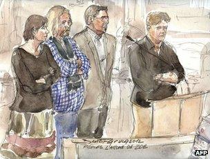 An artist's sketch shows (from left) defendants Marie-Agnes Peleran, Alain Peligat , Philippe van Winkelberg and Christophe Letien in court in Paris, 3 December