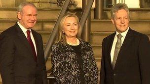 US Secretary of State Hillary Clinton at Stormont Castle with Northern Ireland's First and Deputy First Minister, Peter Robinson and Martin McGuinness