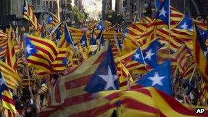 A sea of Catalonian flags on independence day on 11 Sept 2012