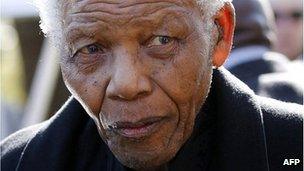 File picture taken on June 17, 2010 shows former Nelson Mandela at the funeral of his great-granddaughter in Sandton, north of Johannesburg