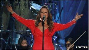 Mexican-American singer Jenni Rivera performs during the 2012 Billboard Latin Music Awards in Coral Gables, Florida, on 26 April 2012.