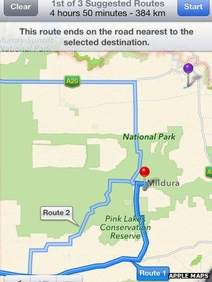 Image of Mildura inaccuracy on Apple Maps