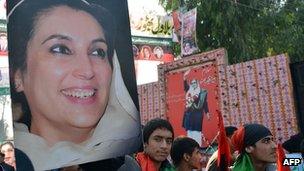 Supporters of the ruling Pakistan People's Party (PPP) at the site in Rawalpindi where Benazir Bhutto was assassinated