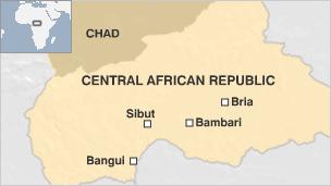 Map of CAR showing Bangui Sibut Bambari and Bria