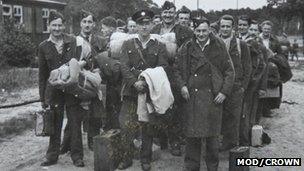 Alfie Fripp, far right, with fellow prisoners of war, at Stalag Luft III in Zagan, Poland