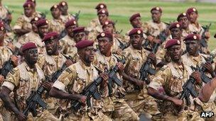 Qatari soldiers marching on Qatar's national day