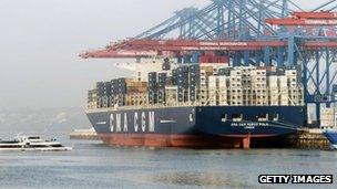 A container ship docked in Hamburg