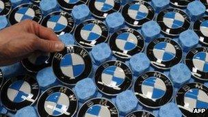 BMW badges at the company's Dingolfing factory in southern Germany