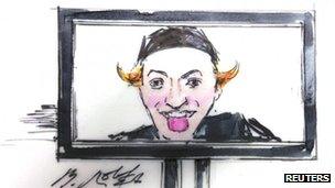 A courtroom sketch of a photograph of suspect James Holmes (10 January 2013)