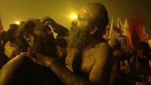 Sadhus after bathing at the Sangam