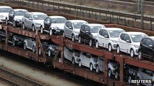 New VW cars on a rail transporter